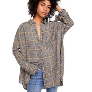 Free People Break My Stride Oversize Plaid Shirt Women’s XS Gray Metallic Fall